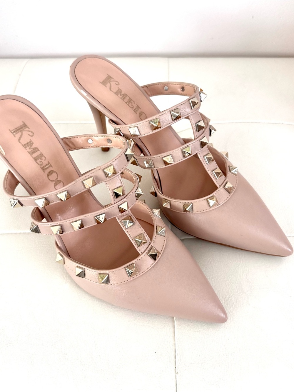 Blush Pink Studded Pointed-Toe Heels